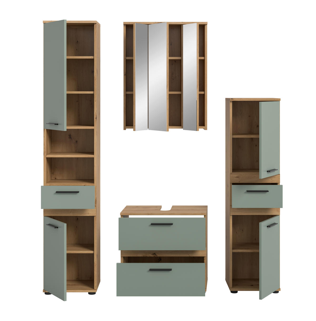 BADEZIMMER 4-teilig  in 160 cm  - Salbeigrün/Schwarz, Trend, Glas/Holzwerkstoff (160cm) - MID.YOU