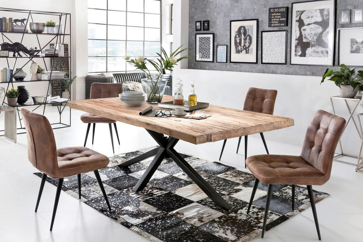 ESSTISCH 220/100/76 cm Echtholz  Holz, Metall rechteckig Naturfarben, Schwarz  - Schwarz/Naturfarben, MODERN, Holz/Metall (220/100/76cm) - MID.YOU