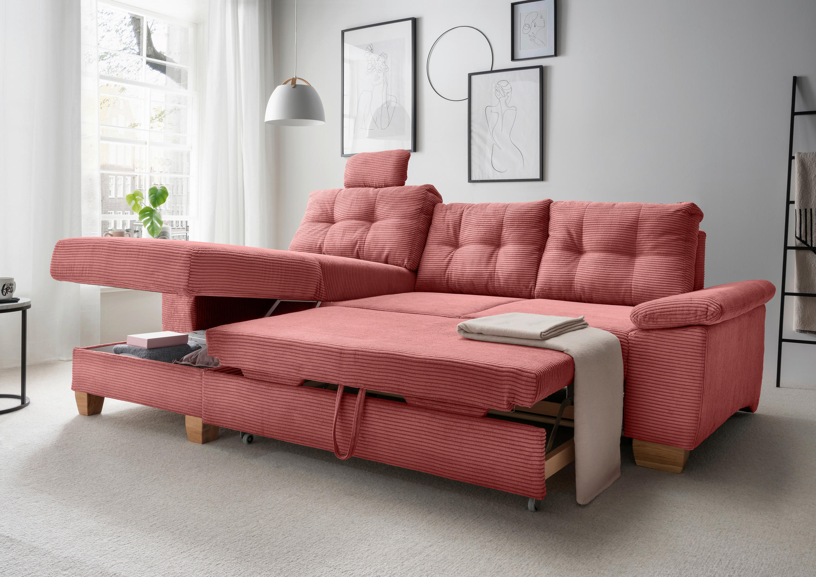 ECKSOFA in Cord Koralle  - Koralle/Naturfarben, Modern, Holz/Textil (176/270cm) - Livetastic
