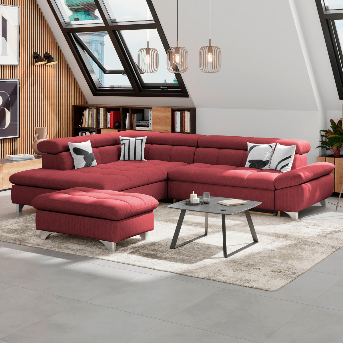 ECKSOFA Bordeaux Chenille  - Chromfarben/Bordeaux, KONVENTIONELL, Textil/Metall (234/312cm) - Livetastic