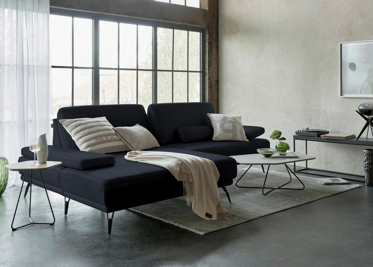 ECKSOFA Echtleder Dunkelblau  - Schwarz/Dunkelblau, Konventionell, Leder/Metall (180/301cm) - Joop!