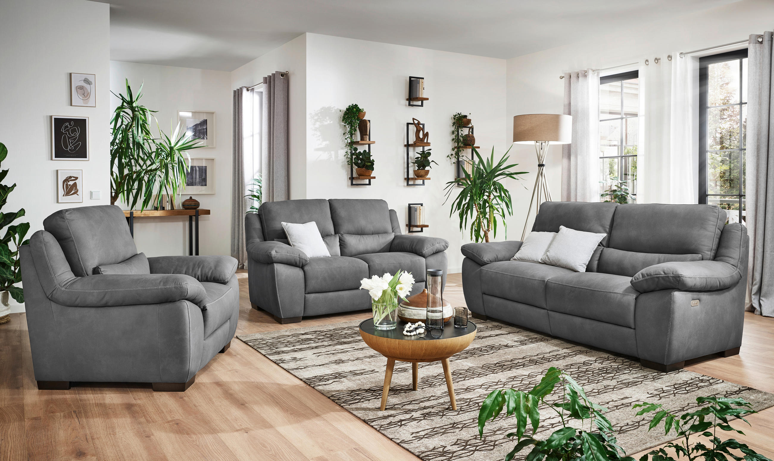 2-SITZER mit elektr.Funktion in Webstoff Grau  - Wengefarben/Weiss, Konventionell, Holz/Textil (173/96/99cm) - Livetastic