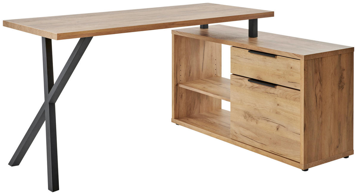 ECKSCHREIBTISCH 150/110/74 cm  in Schwarz, Eichefarben  - Eichefarben/Schwarz, MODERN, Holzwerkstoff/Metall (150/110/74cm) - MID.YOU