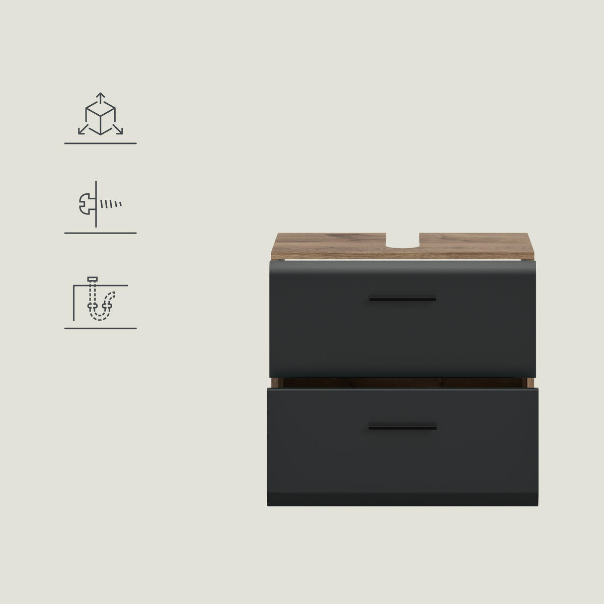 WASCHBECKENUNTERSCHRANK 60/58/30 cm  - Eiche dunkel/Schwarz, Trend, Holzwerkstoff/Kunststoff (60/58/30cm) - MID.YOU