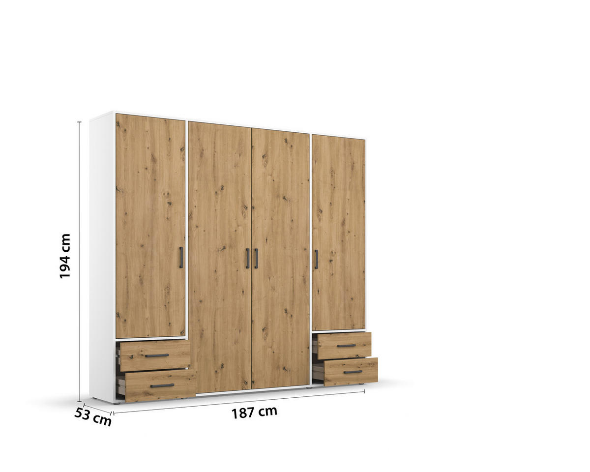 DREHTÜRENSCHRANK in Weiss, Eiche Artisan  - Weiss/Eiche Artisan, Modern, Holzwerkstoff/Kunststoff (187/194/53cm) - Rauch Möbel