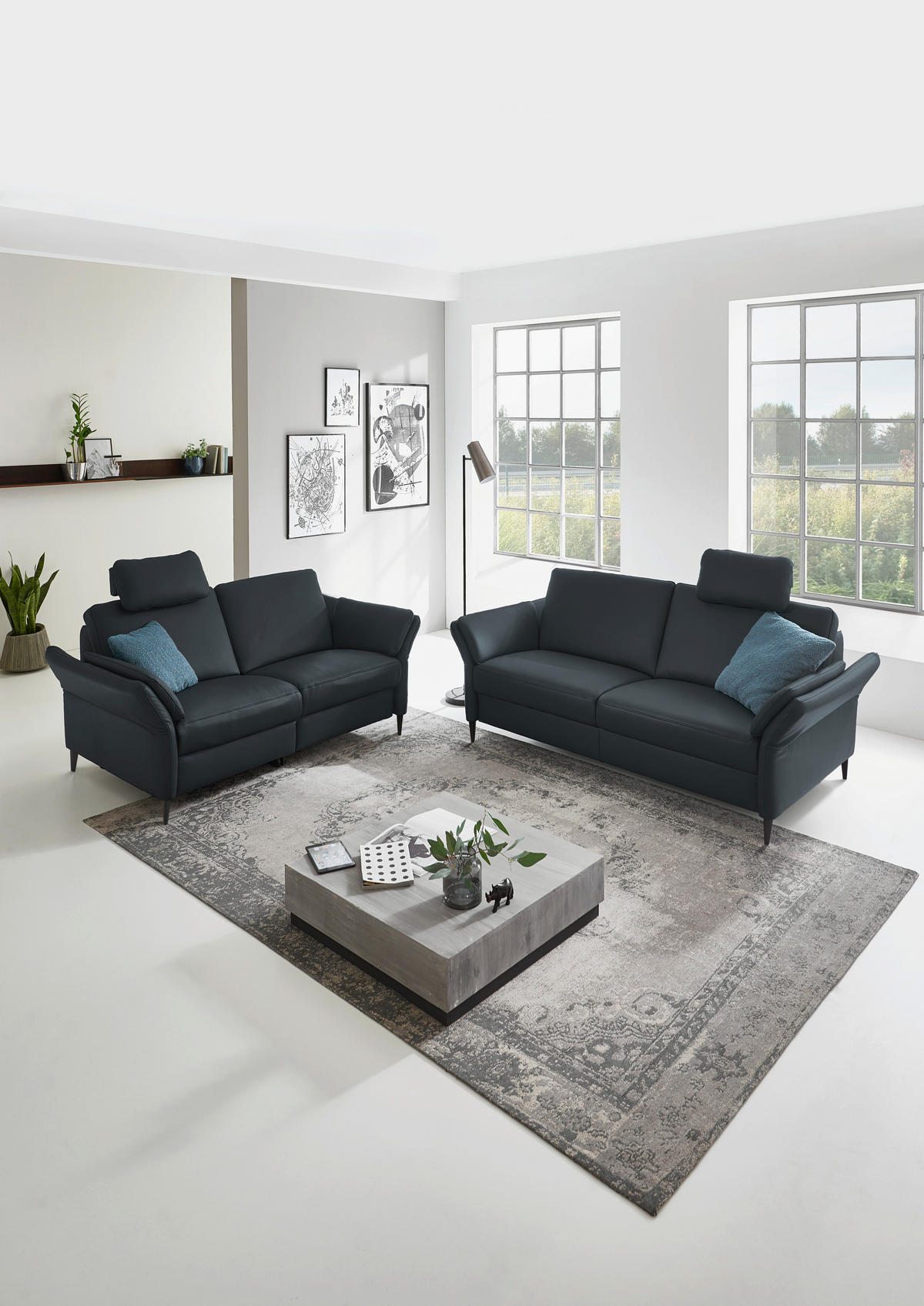 2,5-SITZER  in Echtleder Dunkelblau   - Alufarben/Dunkelblau, Design, Leder/Metall (164/82/99cm) - Dieter Knoll