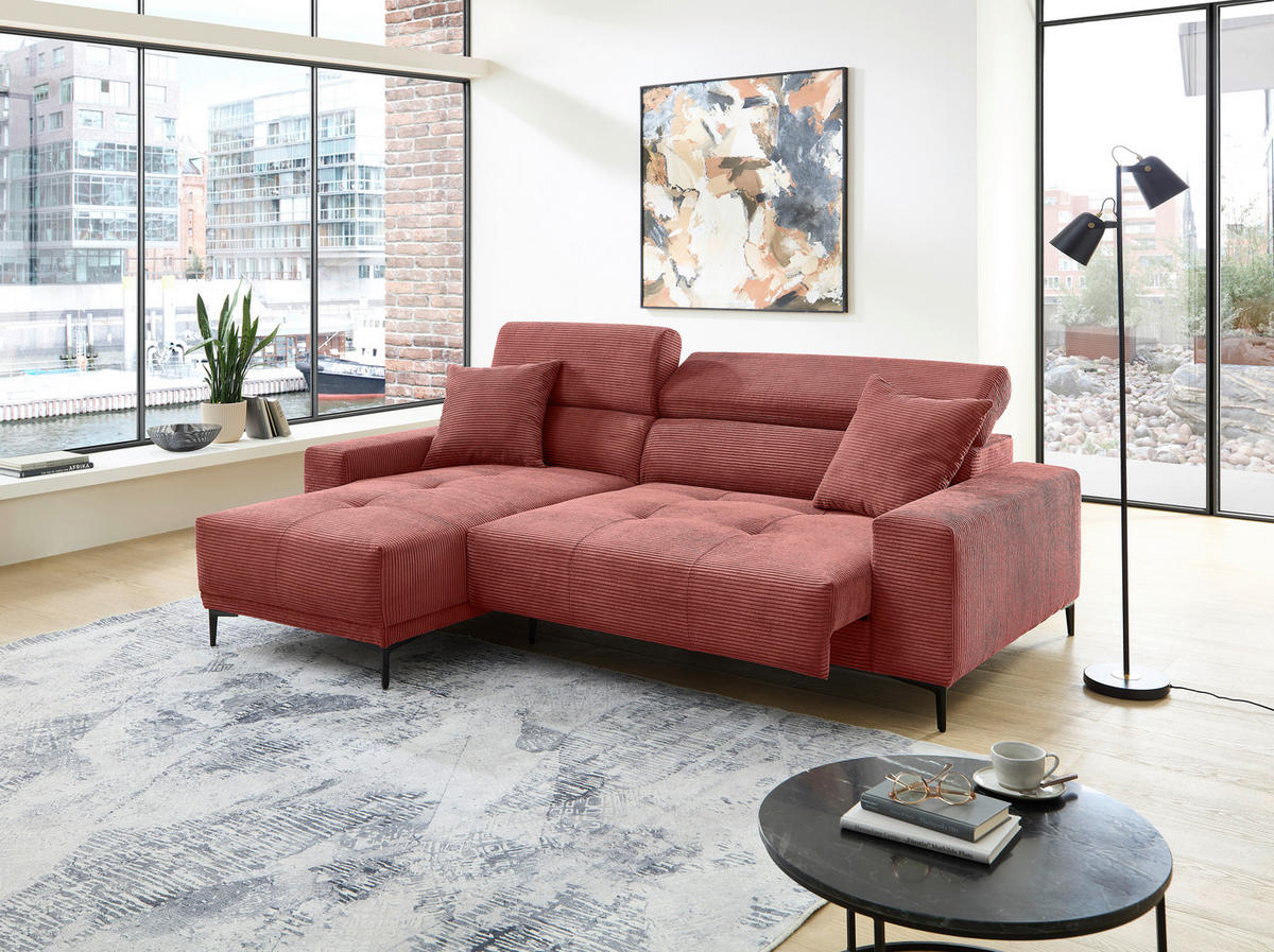 ECKSOFA Cord Koralle  - Koralle/Schwarz, Basics, Textil/Metall (183/250cm) - Livetastic