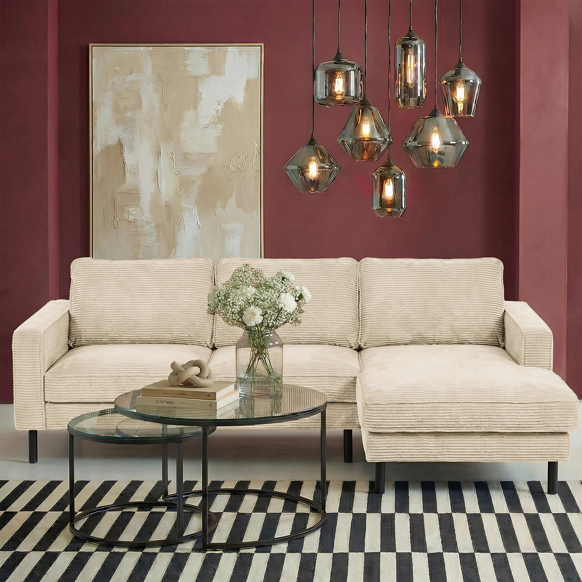ECKSOFA  in Cord Beige Rücken echt  238/166 cm  - Beige/Schwarz, Design, Textil/Metall (238/166cm) - Livetastic