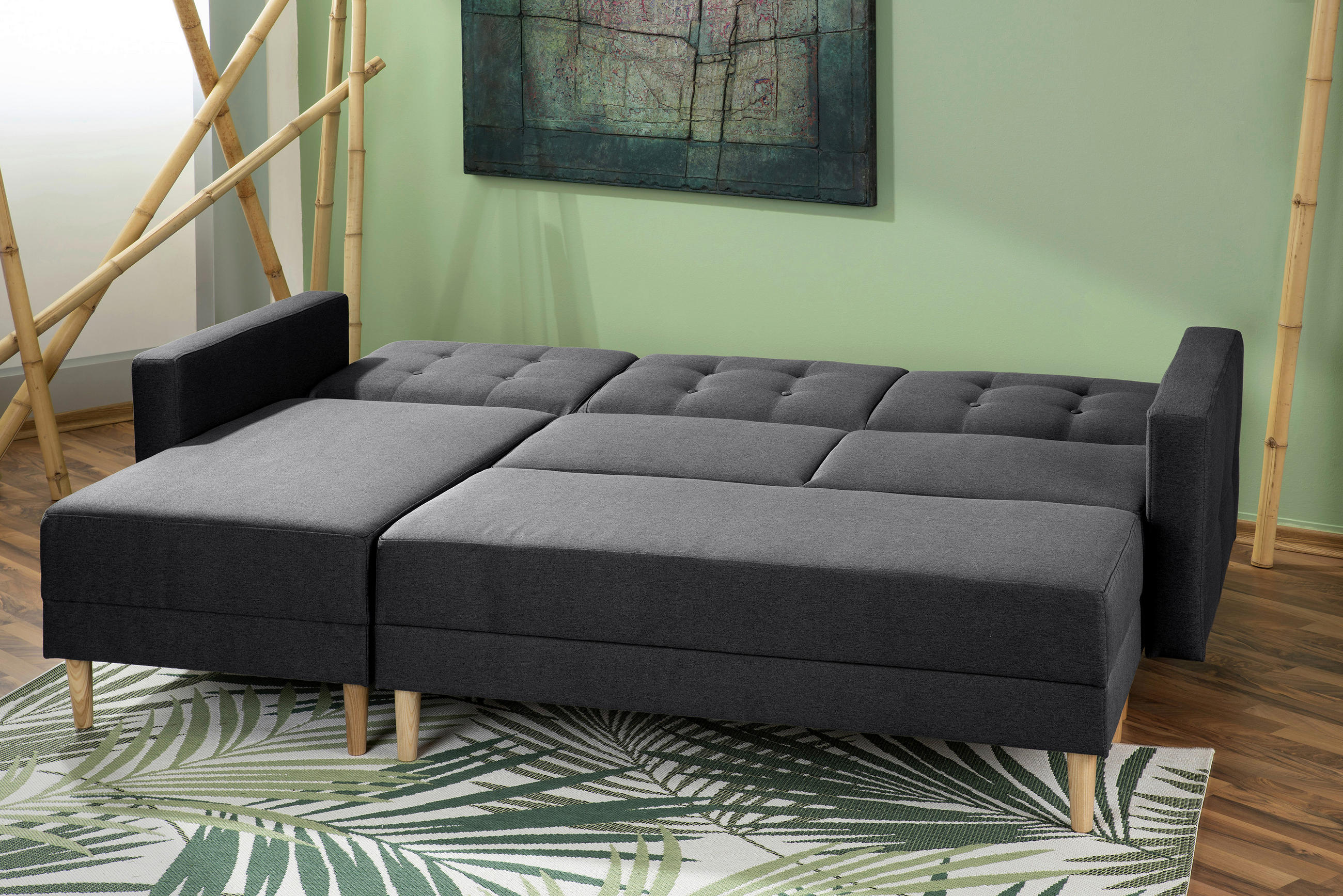 ECKSCHLAFSOFA inkl. Hocker Flachgewebe Graphitfarben  - Eschefarben/Graphitfarben, MODERN, Holz/Textil (223/152cm) - Max Winzer