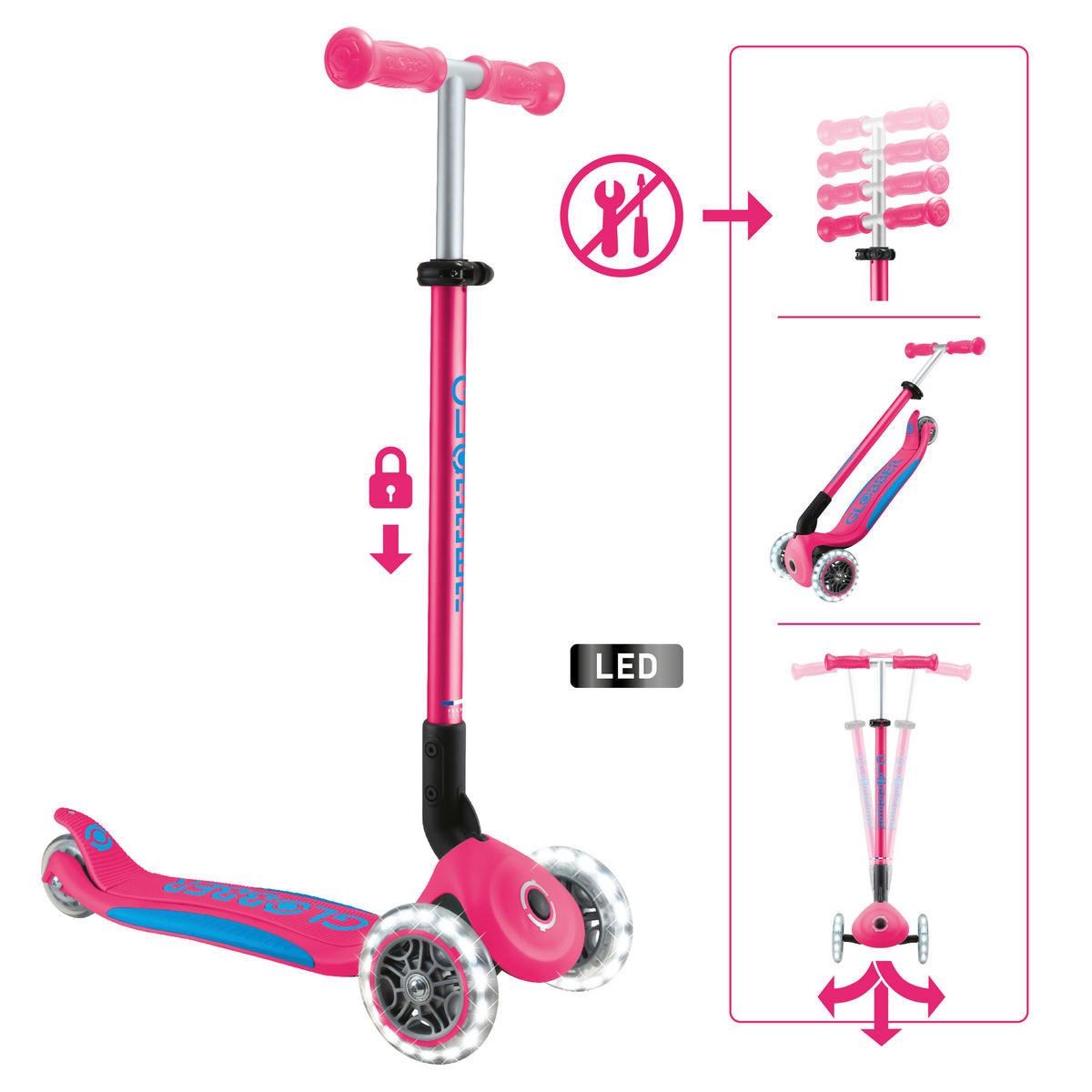 KINDERSCOOTER ELITE LIGHTS  - Fuchsia, Basics, Kunststoff (57.5/28/82.5cm) - GLOBBER