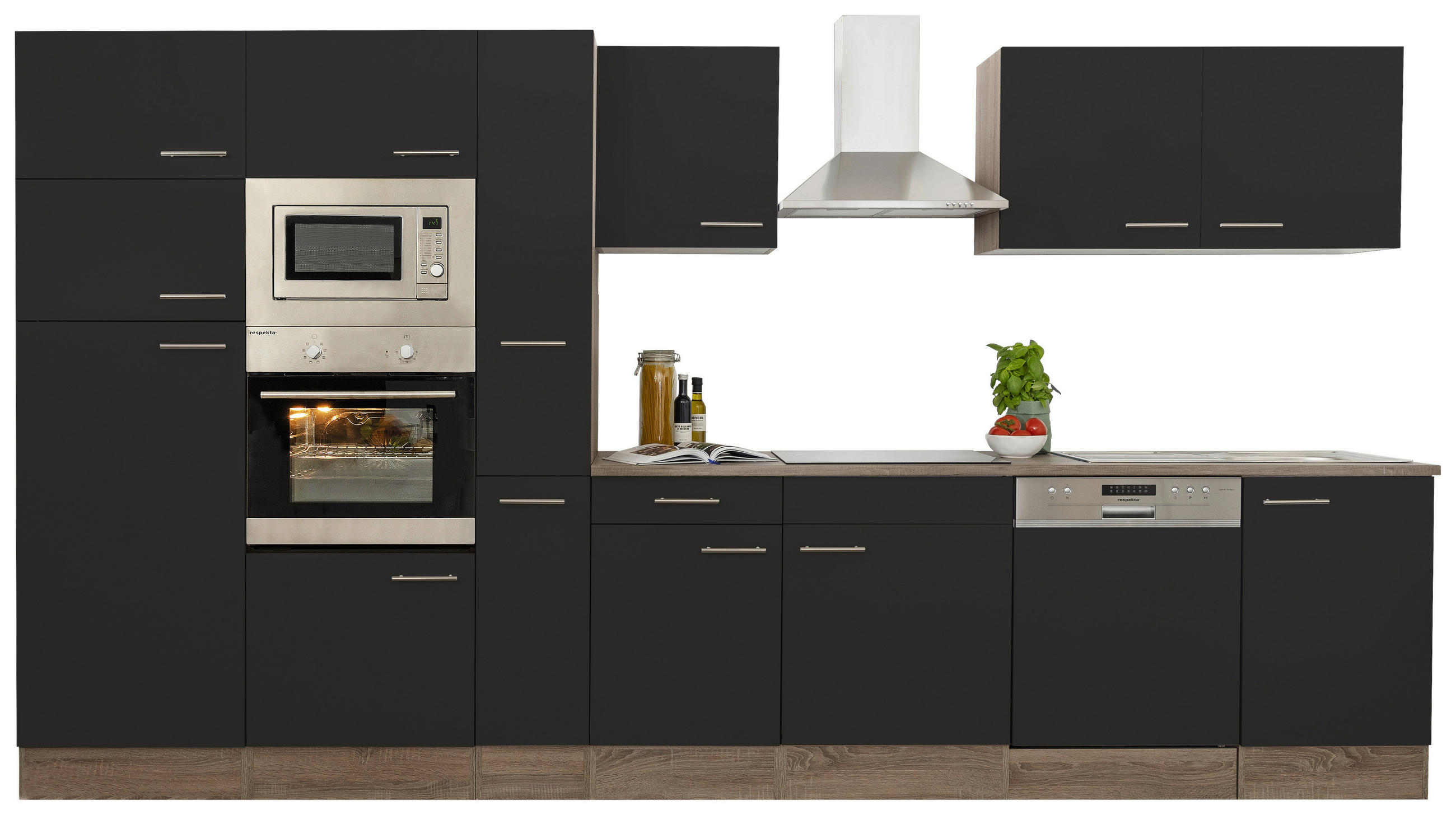 KÜCHENBLOCK 370 cm   in Schwarz  - Edelstahlfarben/Eichefarben, Design, Holzwerkstoff/Metall (370cm) - Respekta