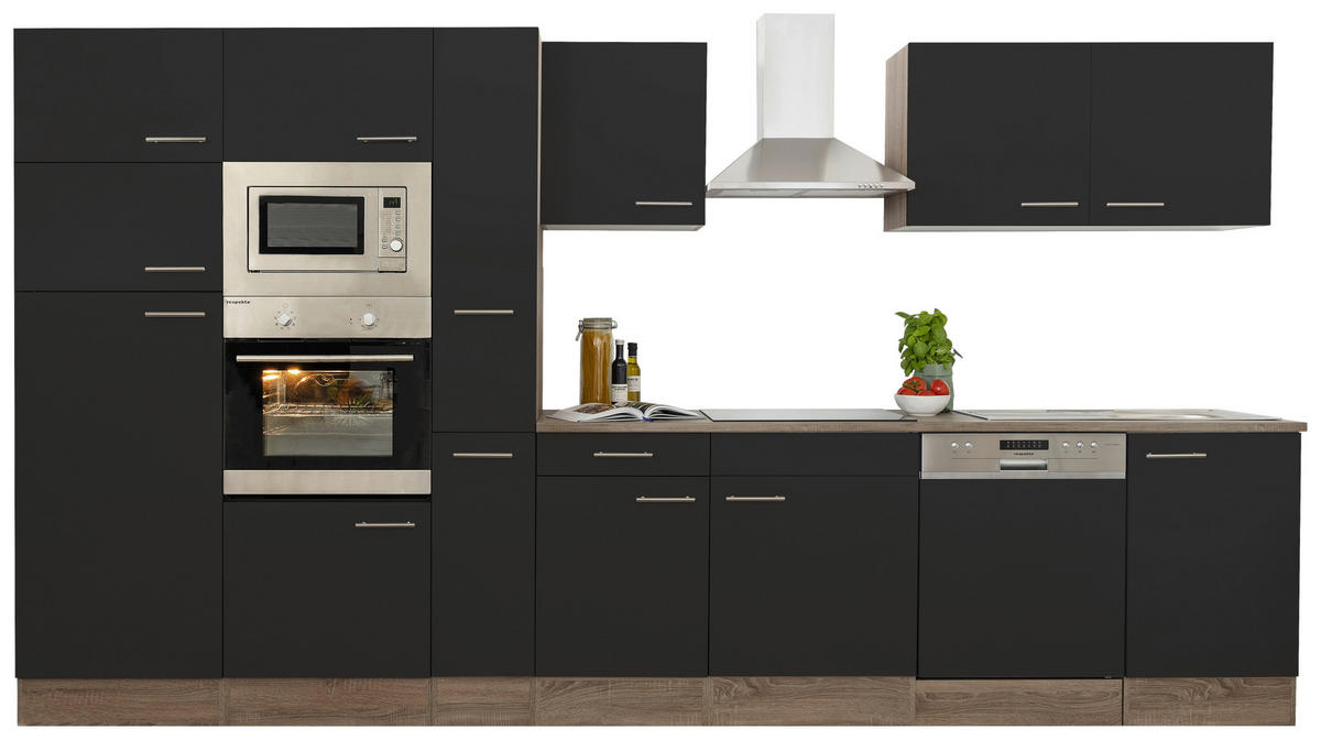 KÜCHENBLOCK 370 cm   in Schwarz  - Edelstahlfarben/Eichefarben, Design, Holzwerkstoff/Metall (370cm) - Respekta