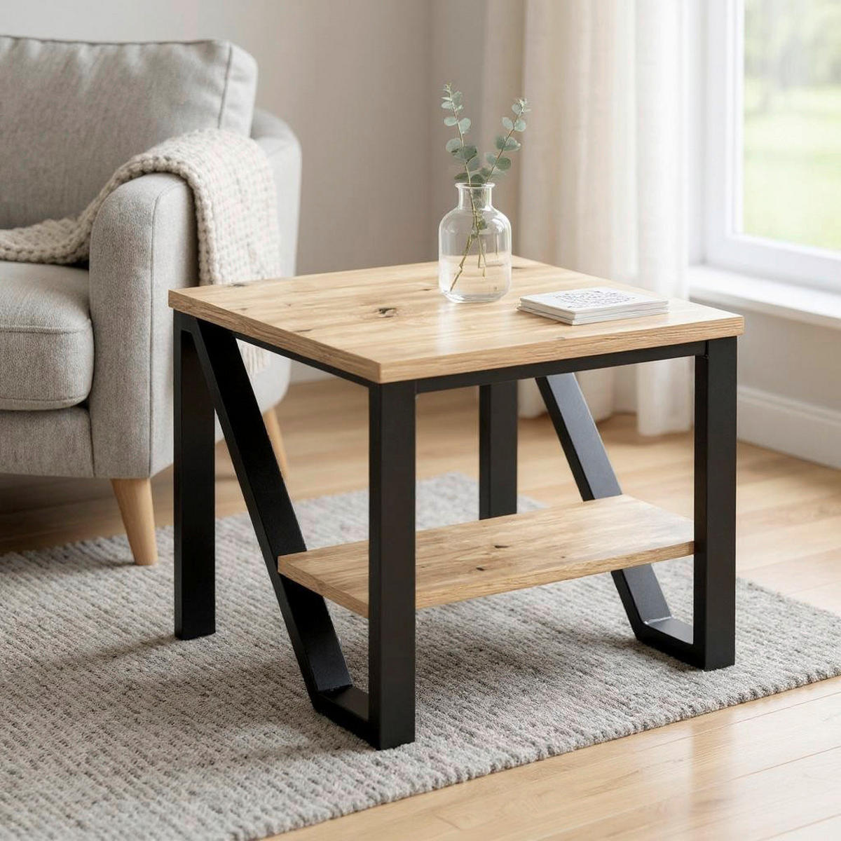 BEISTELLTISCH in Metall, Holzwerkstoff 55/55/48 cm  - Eichefarben/Schwarz, Trend, Holzwerkstoff/Metall (55/55/48cm)
