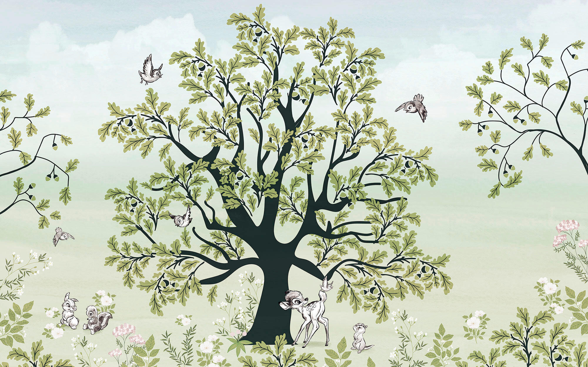 Disney Fototapete Bambi Forest Friends Grün, Schwarz, Weiß 400x250 cm