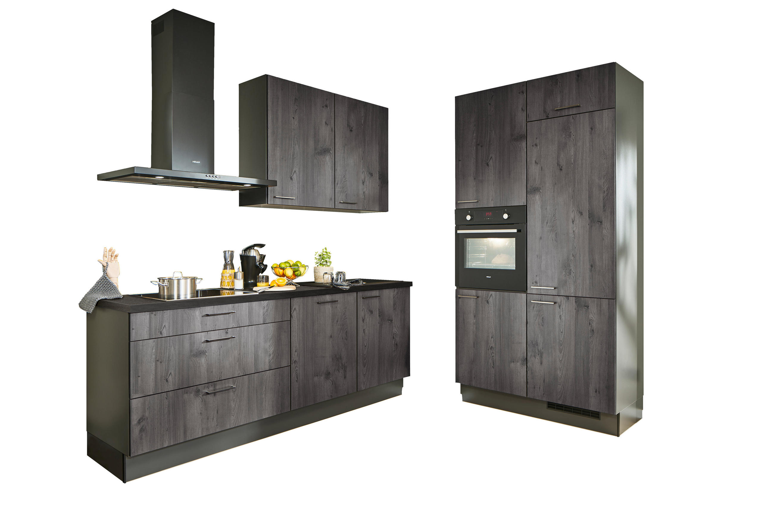 ECKKÜCHE 220/120 cm  in Graphitfarben, Schwarz, Eiche dunkel  - Eiche dunkel/Chromfarben, Design, Holzwerkstoff/Metall (220/120cm) - Xora