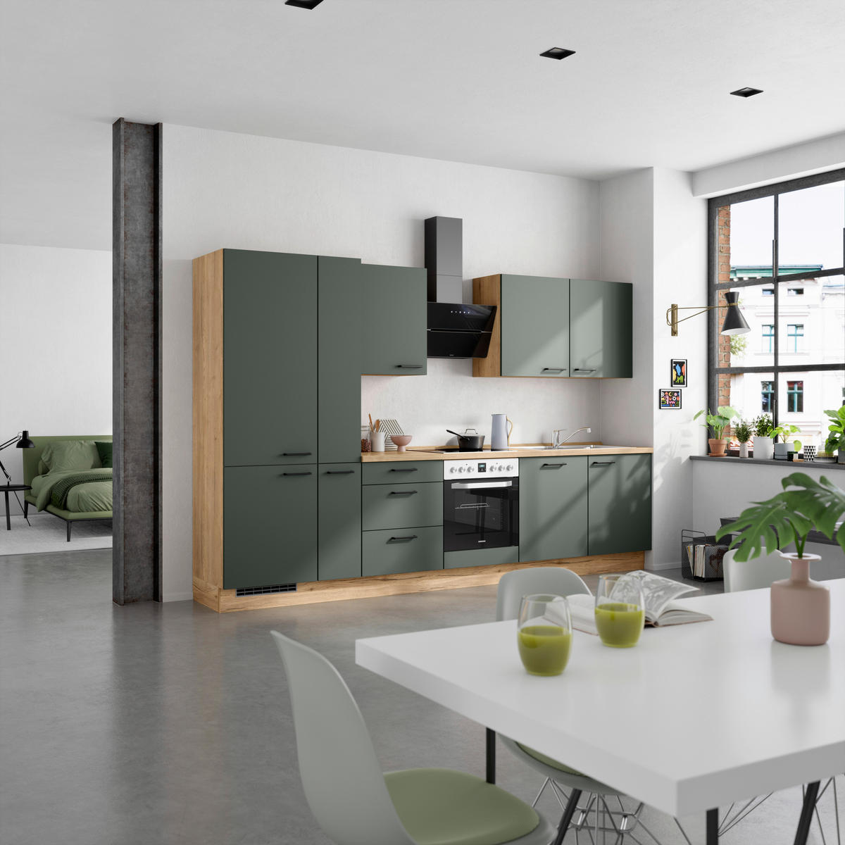 KÜCHENBLOCK Easytouch 330 cm  in Eichefarben, Dunkelgrün  - Dunkelgrün/Eichefarben, MODERN, Holzwerkstoff/Metall (330cm) - Nobilia