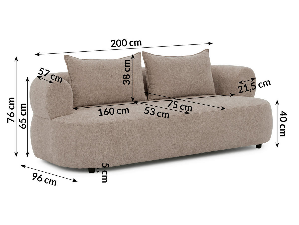 3-SITZER-SOFA Chenille Hellbraun  - Hellbraun/Schwarz, Design, Kunststoff/Textil (200/76/96cm) - Livetastic