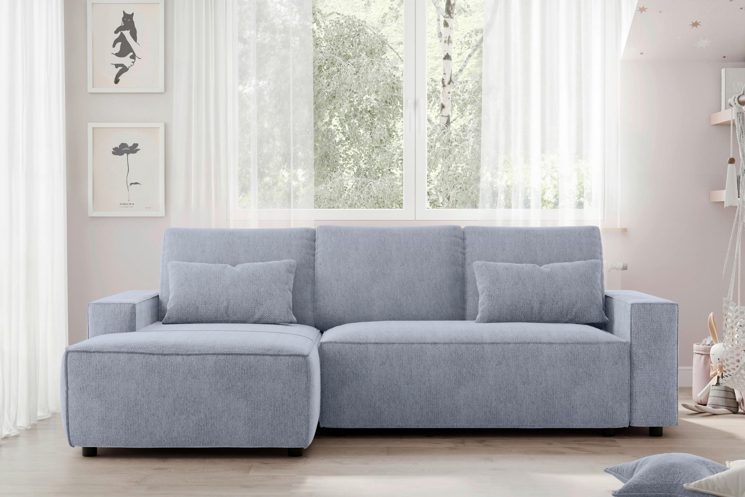 ECKSCHLAFSOFA  mit Rücken echt Chenille Hellblau  - Schwarz/Hellblau, MODERN, Kunststoff/Textil (154/247cm) - Livetastic