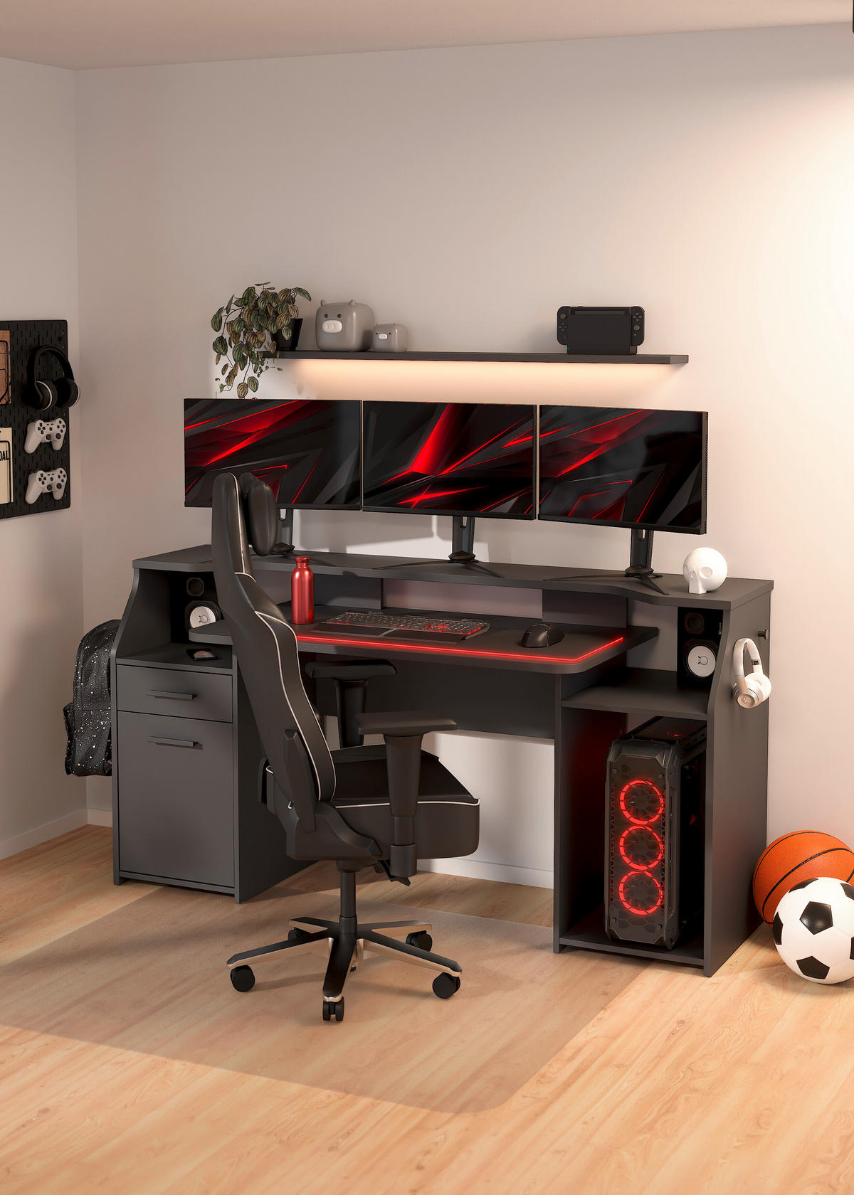 GAMINGTISCH 171/48/89,2 cm  in Grau  - Schwarz/Grau, Modern, Holzwerkstoff/Metall (171/48/89,2cm) - MID.YOU