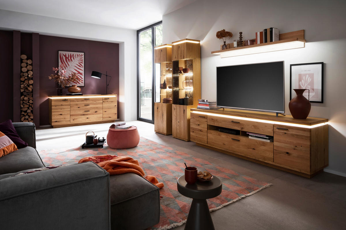 WOHNWAND 4-teilig  in Grau, Eichefarben 340/204/50 cm  - Eichefarben/Anthrazit, Natur, Glas/Holz (340/204/50cm) - Linea Natura