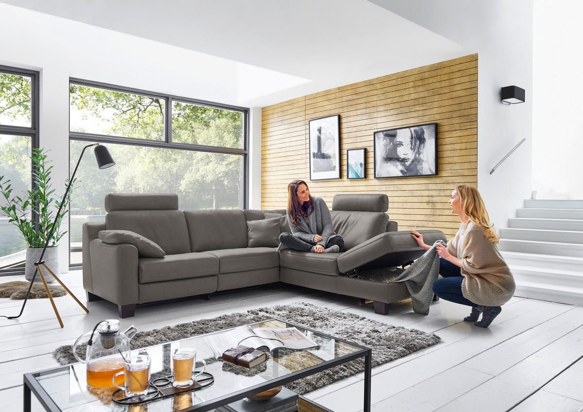 ECKSOFA in Echtleder Graubraun  - Eichefarben/Graubraun, Design, Leder/Holz (259/235cm) - Valdera