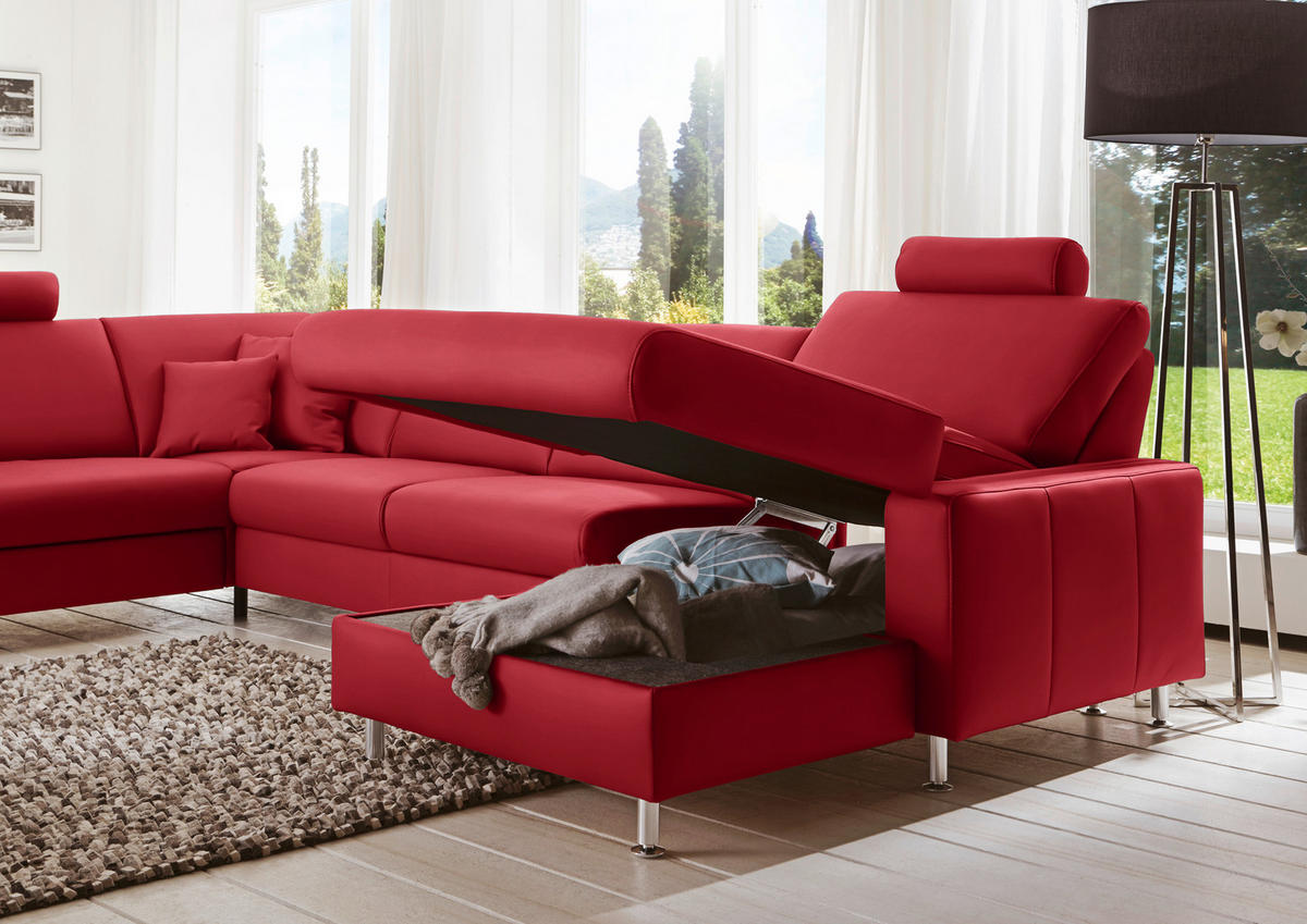 WOHNLANDSCHAFT in Echtleder Rot  - Rot/Alufarben, Design, Leder/Metall (233/339/165cm) - Beldomo Premium