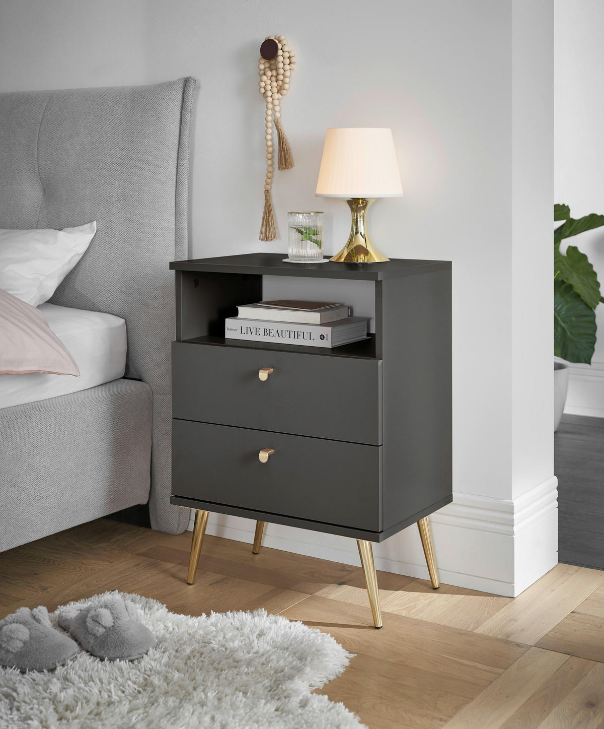 NACHTSCHRANK 50/70/34 cm  - Messingfarben/Graphitfarben, KONVENTIONELL, Holzwerkstoff/Metall (50/70/34cm) - Carryhome