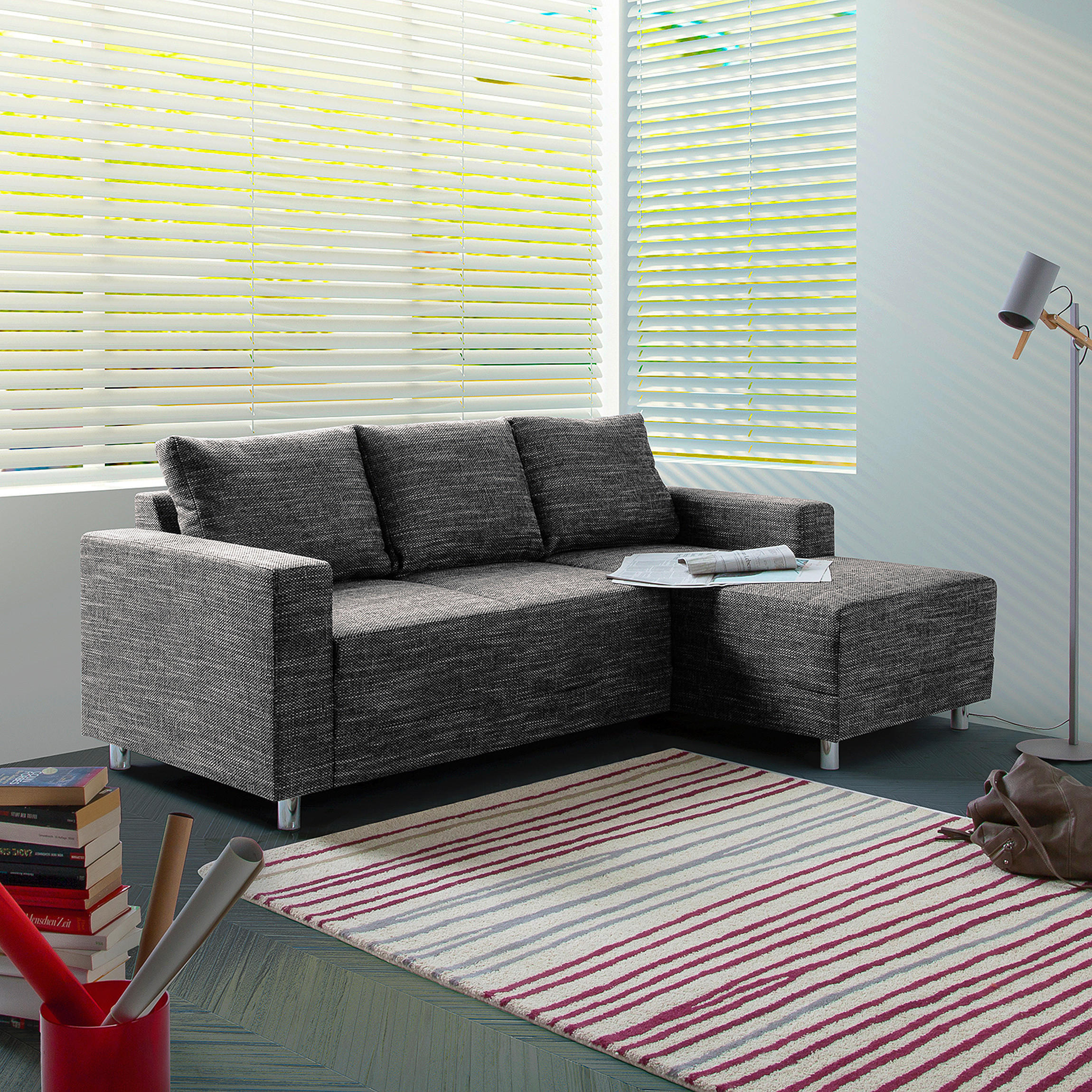 ECKSOFA Schwarz Struktur  - Chromfarben/Schwarz, Design, Textil/Metall (200/144cm) - MID.YOU