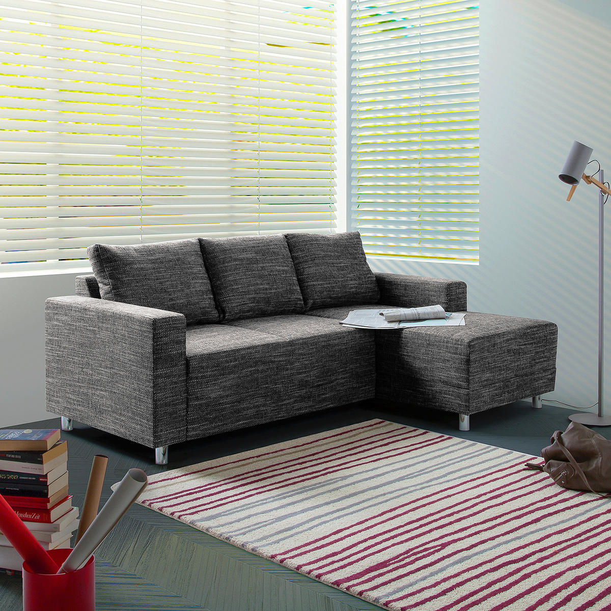 ECKSOFA in Struktur Schwarz  - Chromfarben/Schwarz, Design, Textil/Metall (200/144cm) - MID.YOU