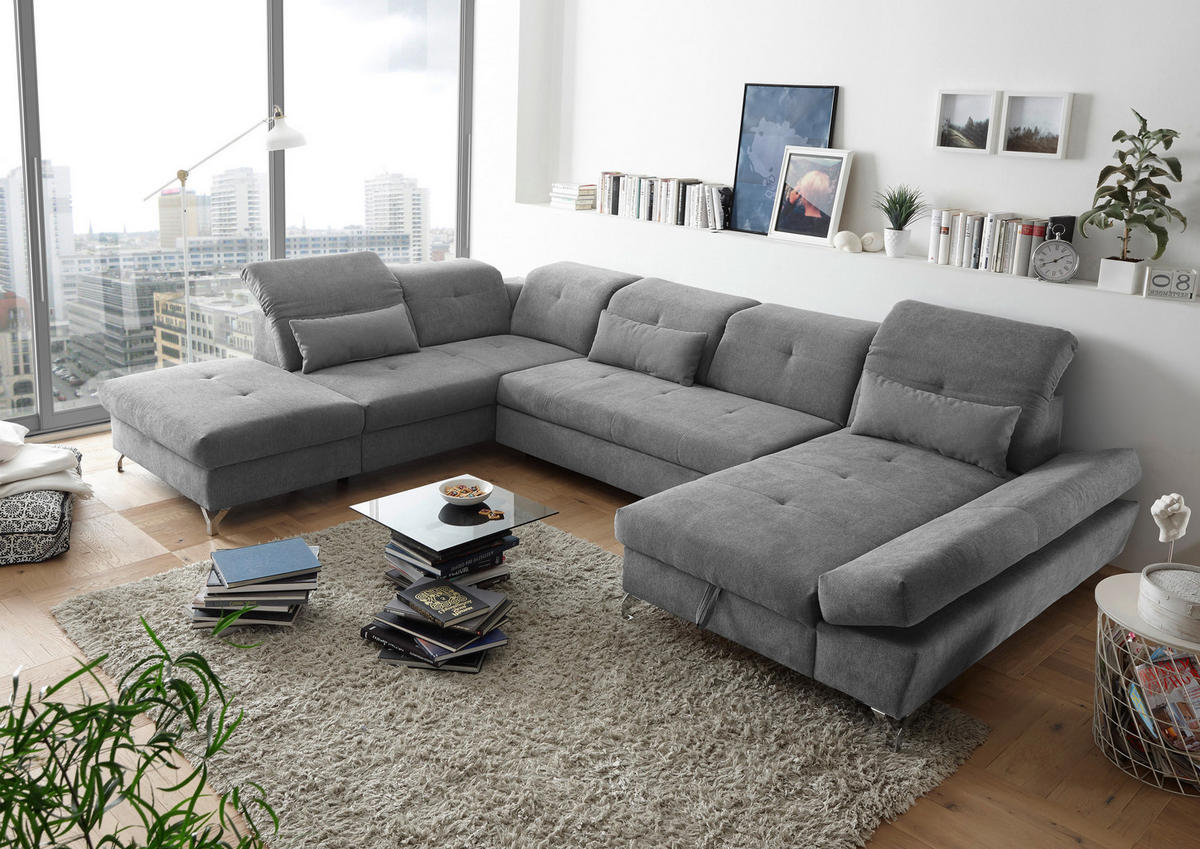 WOHNLANDSCHAFT Schlammfarben Mikrovelours  - Schlammfarben/Silberfarben, MODERN, Textil/Metall (245/350/168cm) - MID.YOU