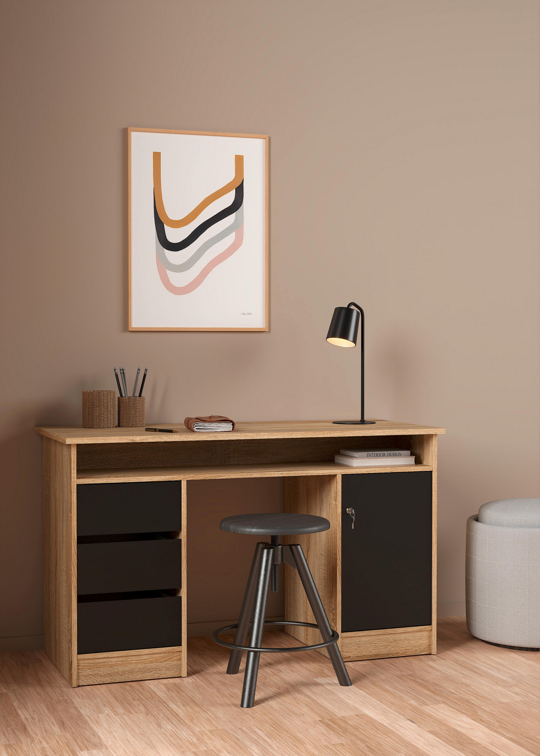 SCHREIBTISCH 126/55/75,6 cm  in Eichefarben  - Eichefarben/Schwarz, MODERN, Holzwerkstoff (126/55/75,6cm) - MID.YOU