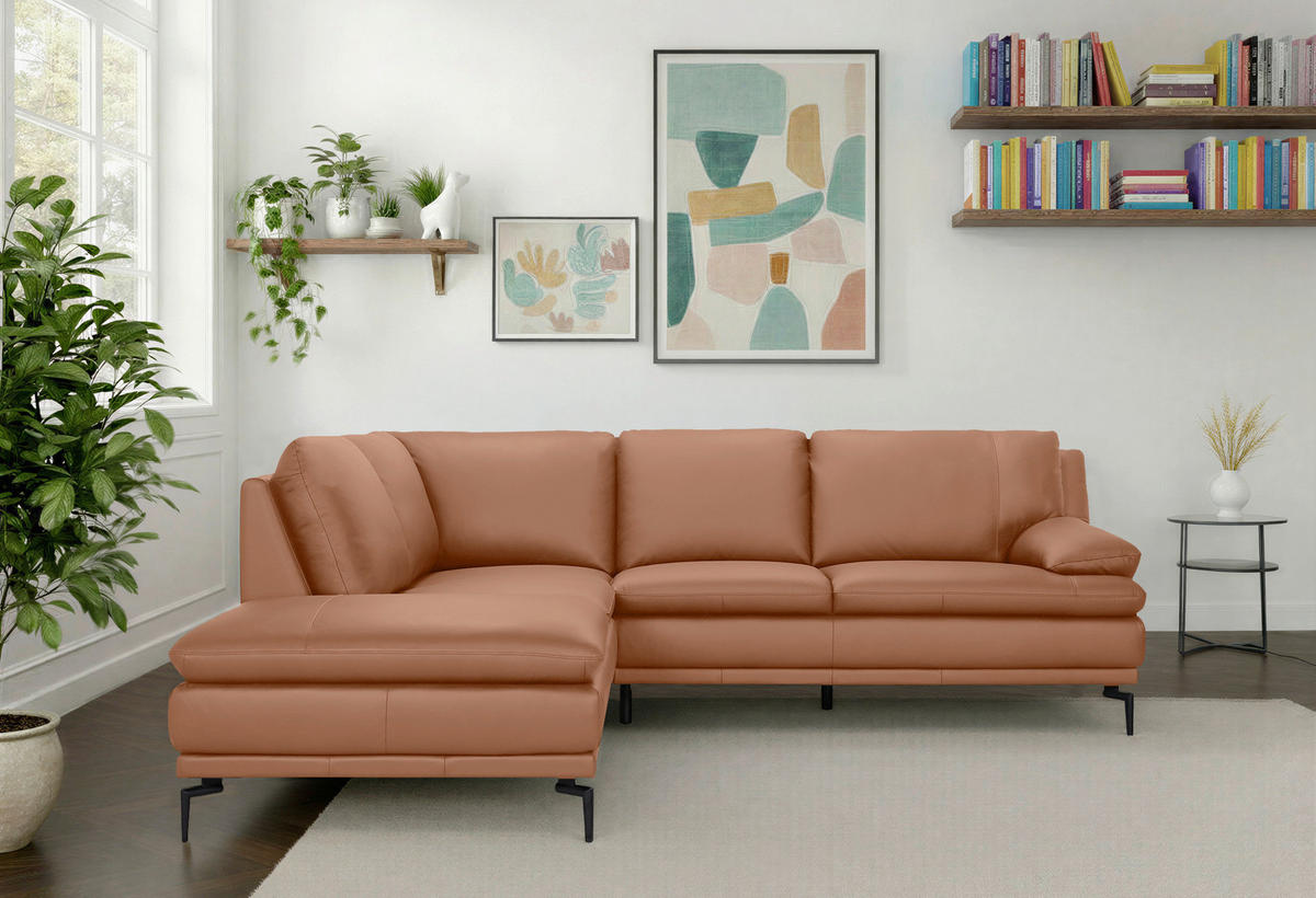 ECKSOFA Cognac Echtleder  - Cognac/Schwarz, Design, Leder (221/248cm) - MID.YOU