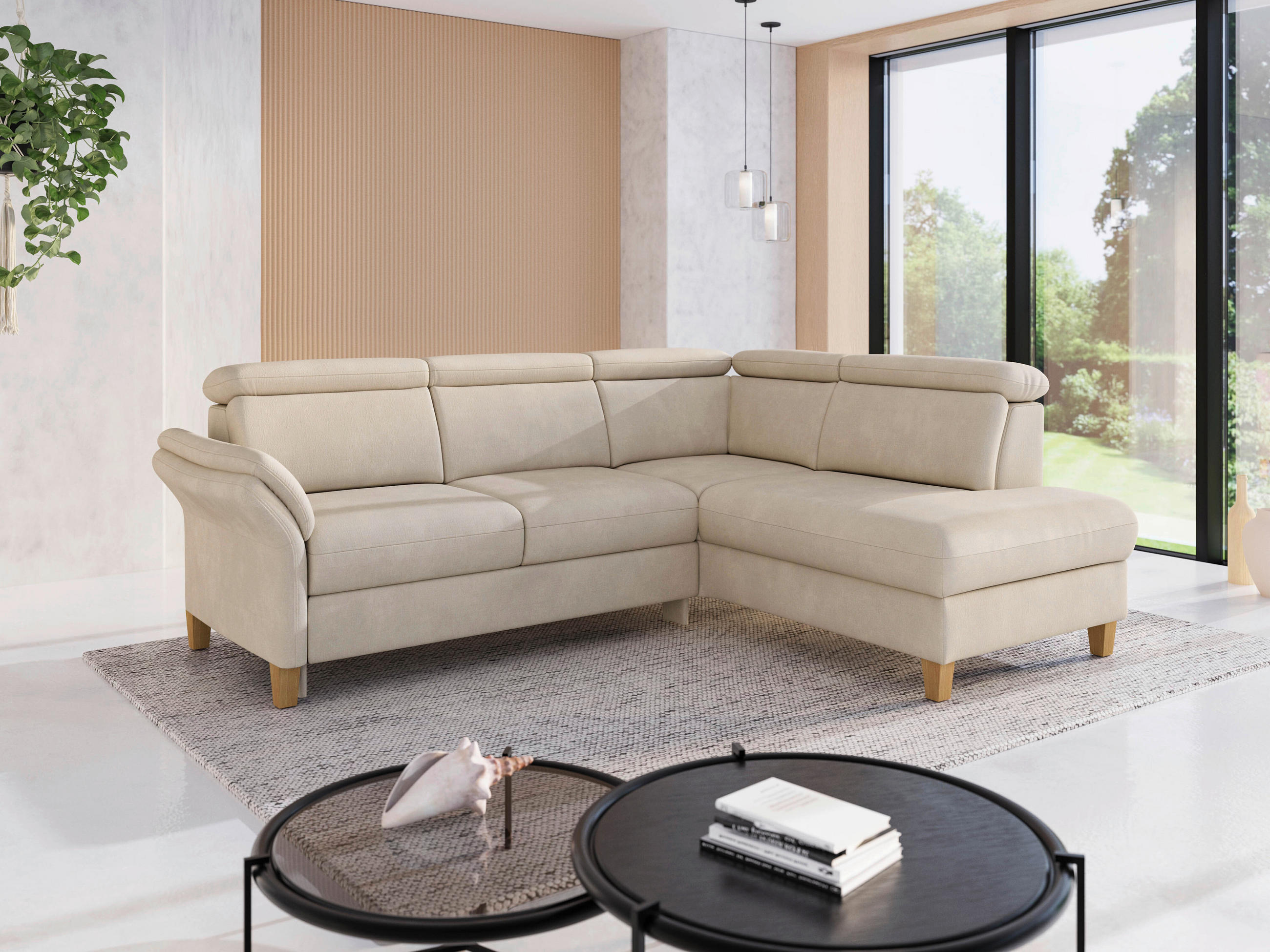 ECKSOFA GLENDALE E Sandfarben Chenille  - Sandfarben/Eichefarben, KONVENTIONELL, Holz/Textil (247/193cm) - Sit & More