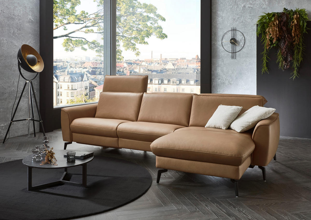 ECKSOFA in Echtleder Haselnussfarben  - Schwarz/Haselnussfarben, Natur, Leder/Metall (281/168cm) - Valdera