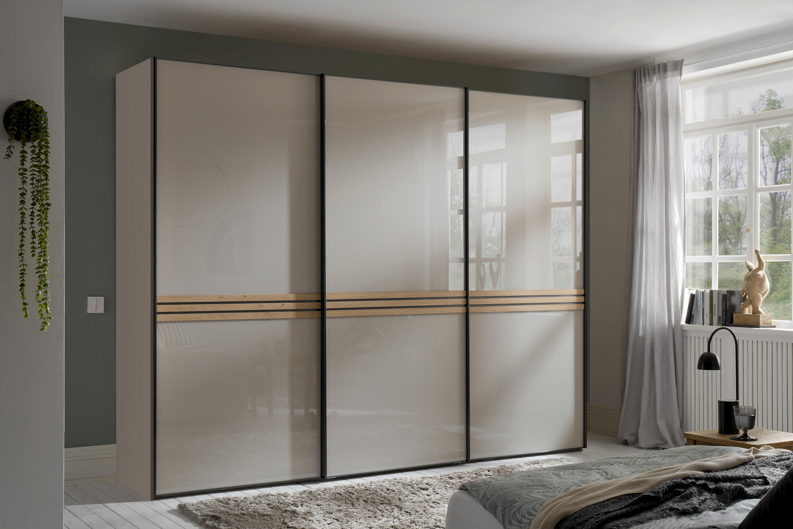 SCHWEBETÜRENSCHRANK  in Sandfarben, Eiche Artisan  - Sandfarben/Graphitfarben, Design, Glas/Holzwerkstoff (280/222/68cm) - Moderano