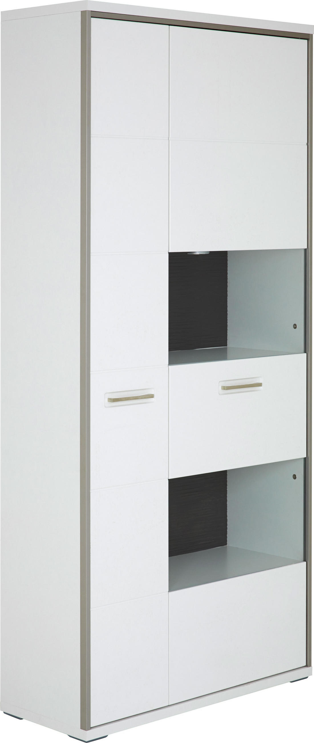 Vitrine in Grau, Weiß, Edelstahlfarben