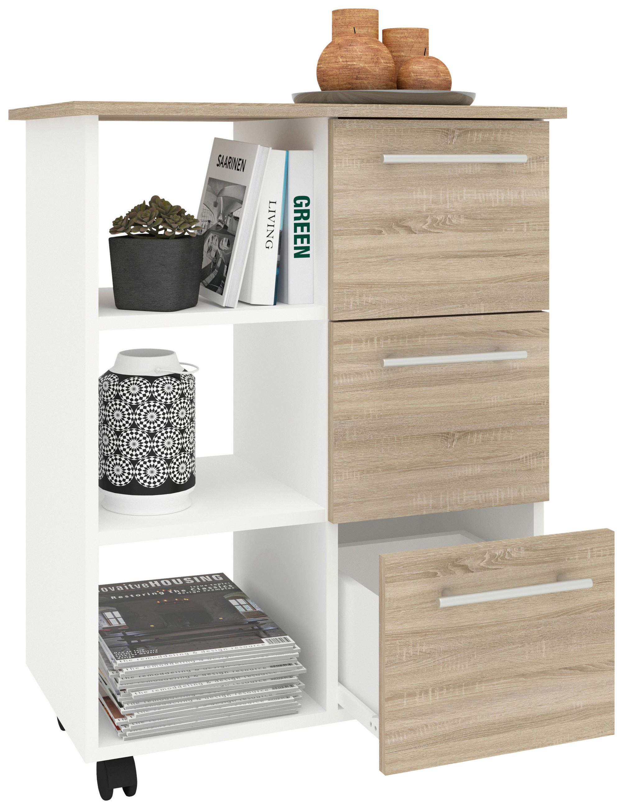 RULLVAGN in vit, Sonoma ek - vit/Sonoma ek, Design, trämaterial (68/38/85cm) - MID.YOU