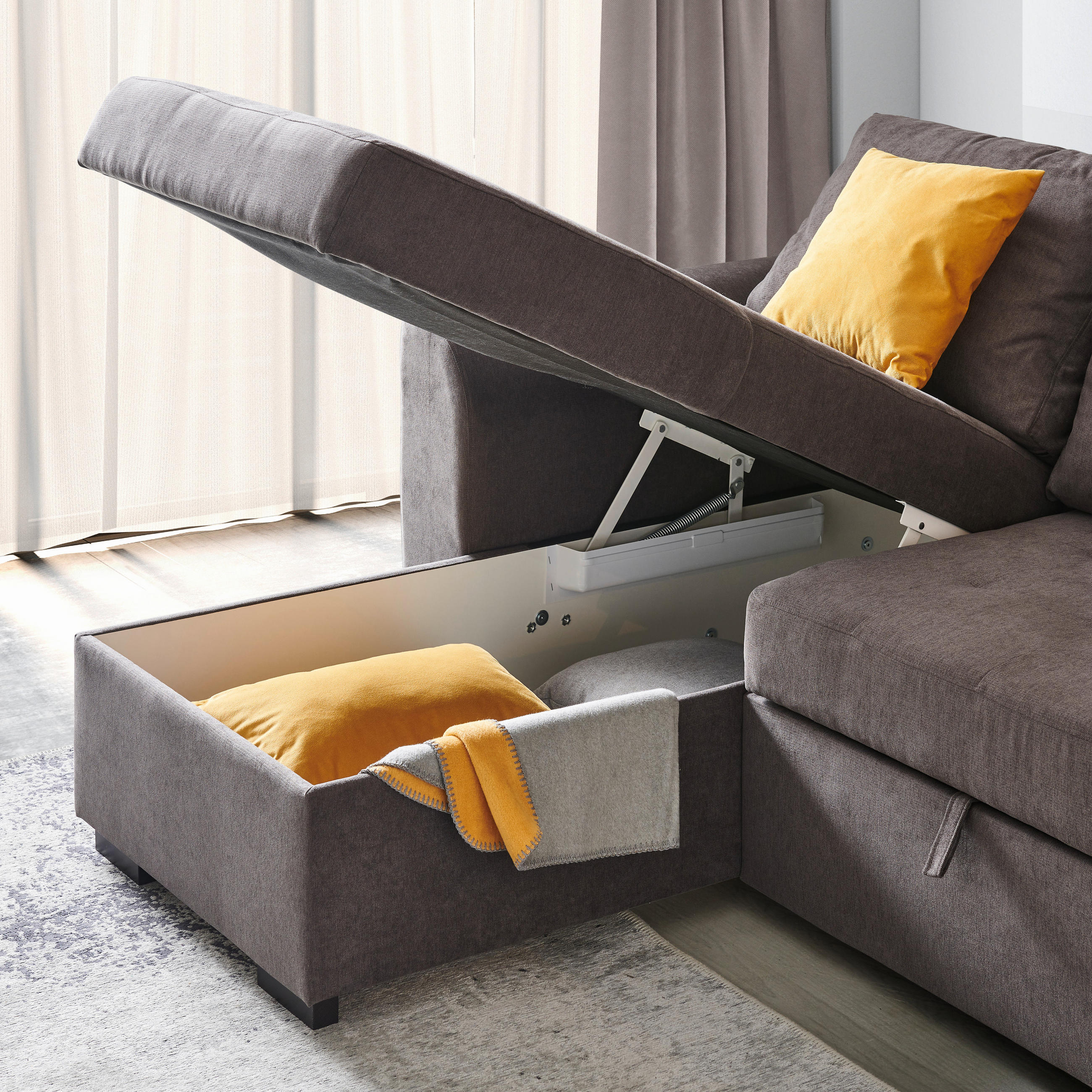 ECKSOFA inkl.Funktionen Dunkelgrau Webstoff - Dunkelgrau/Schwarz, Design, Kunststoff/Textil (155/243cm) - Xora