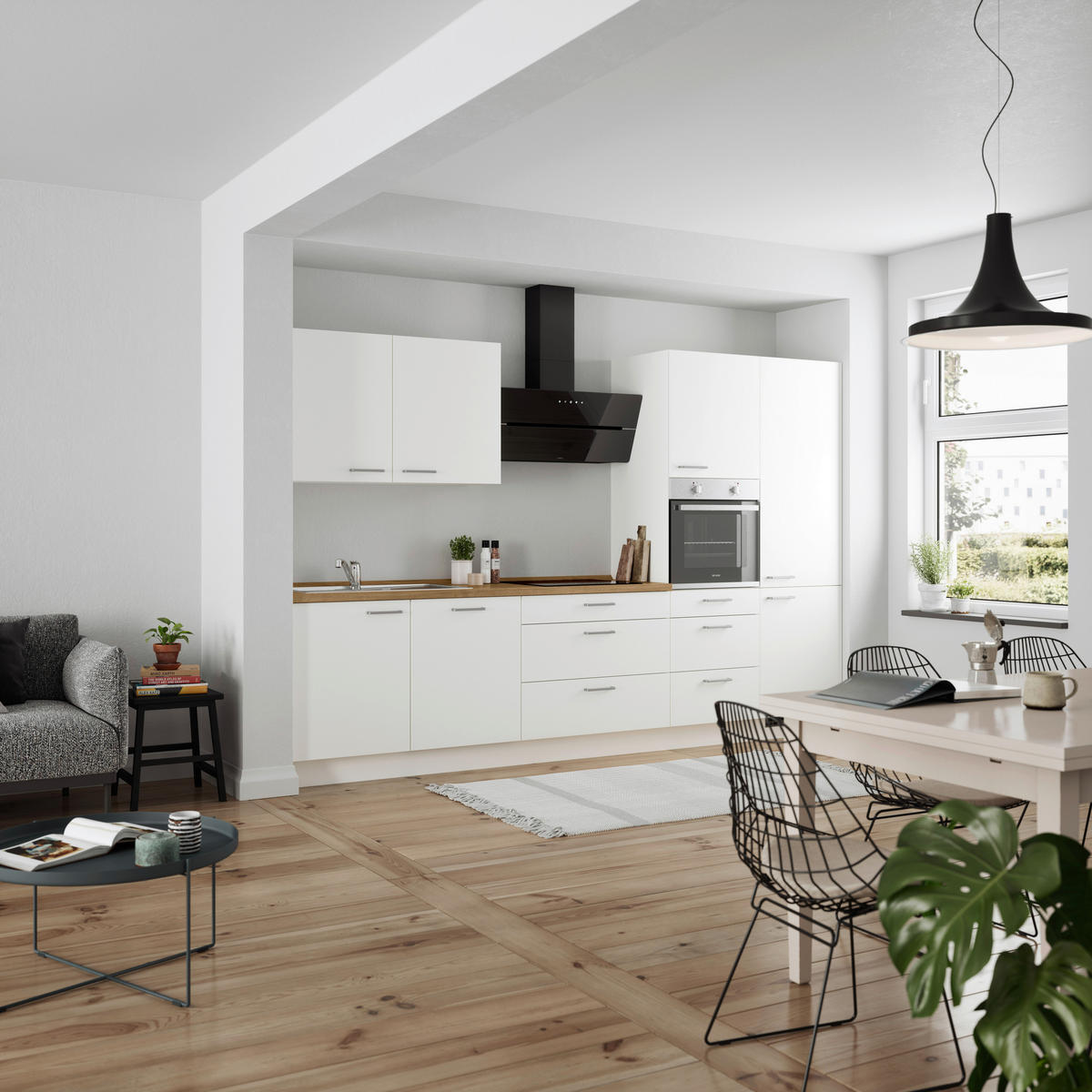 KÜCHENBLOCK 330 cm   in Weiß, Eichefarben  - Edelstahlfarben/Eichefarben, MODERN, Holzwerkstoff/Metall (330cm) - Nobilia