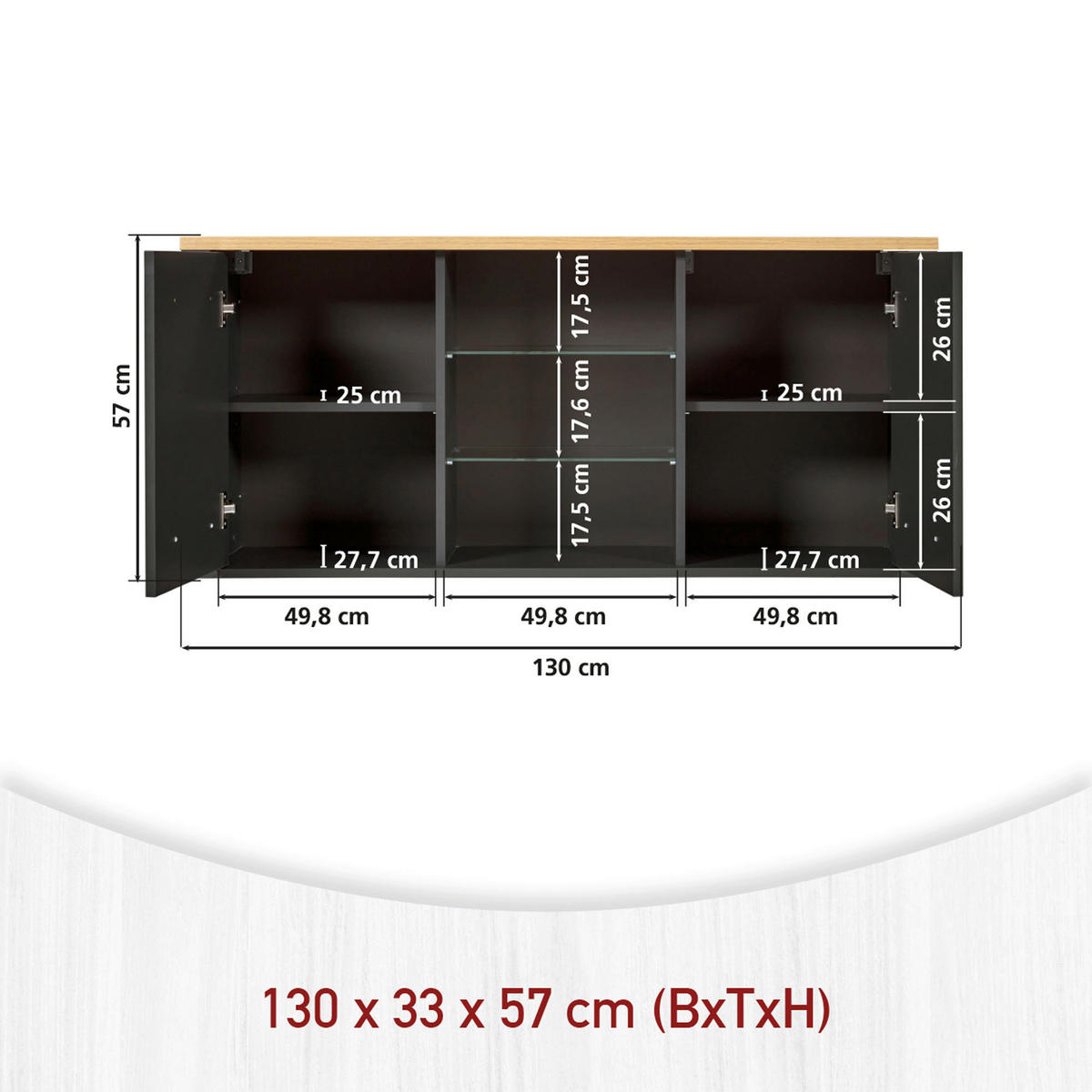 HÄNGESCHRANK 130,3/57,5/33 cm  - Anthrazit/Schwarz, MODERN, Glas/Holzwerkstoff (130,3/57,5/33cm) - home24