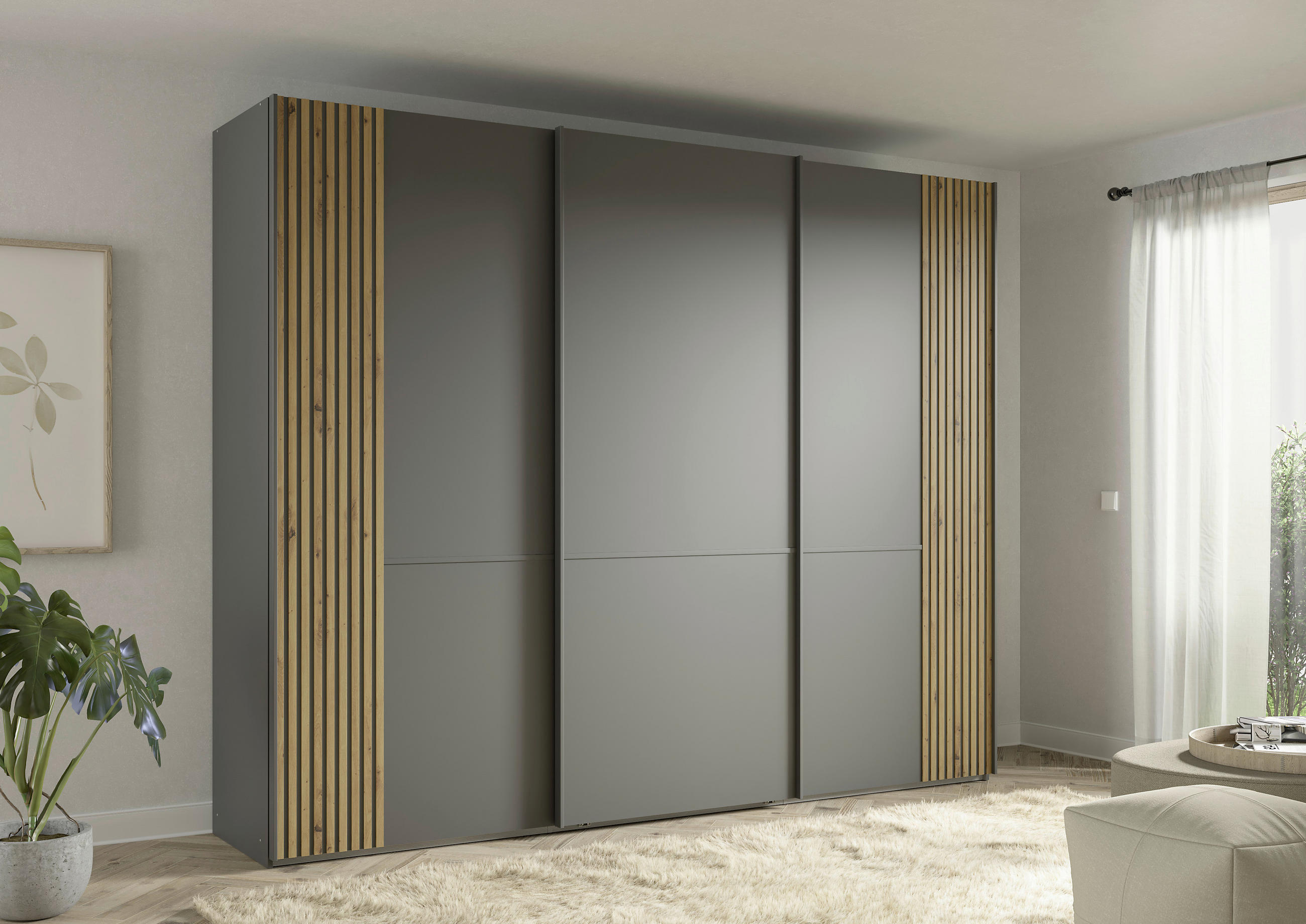 SCHWEBETÜRENSCHRANK 300/236/67 cm 3-türig Graphitfarben, Eiche Bianco  - Eiche Bianco/Graphitfarben, Design, Holzwerkstoff/Metall (300/236/67cm) - Musterring