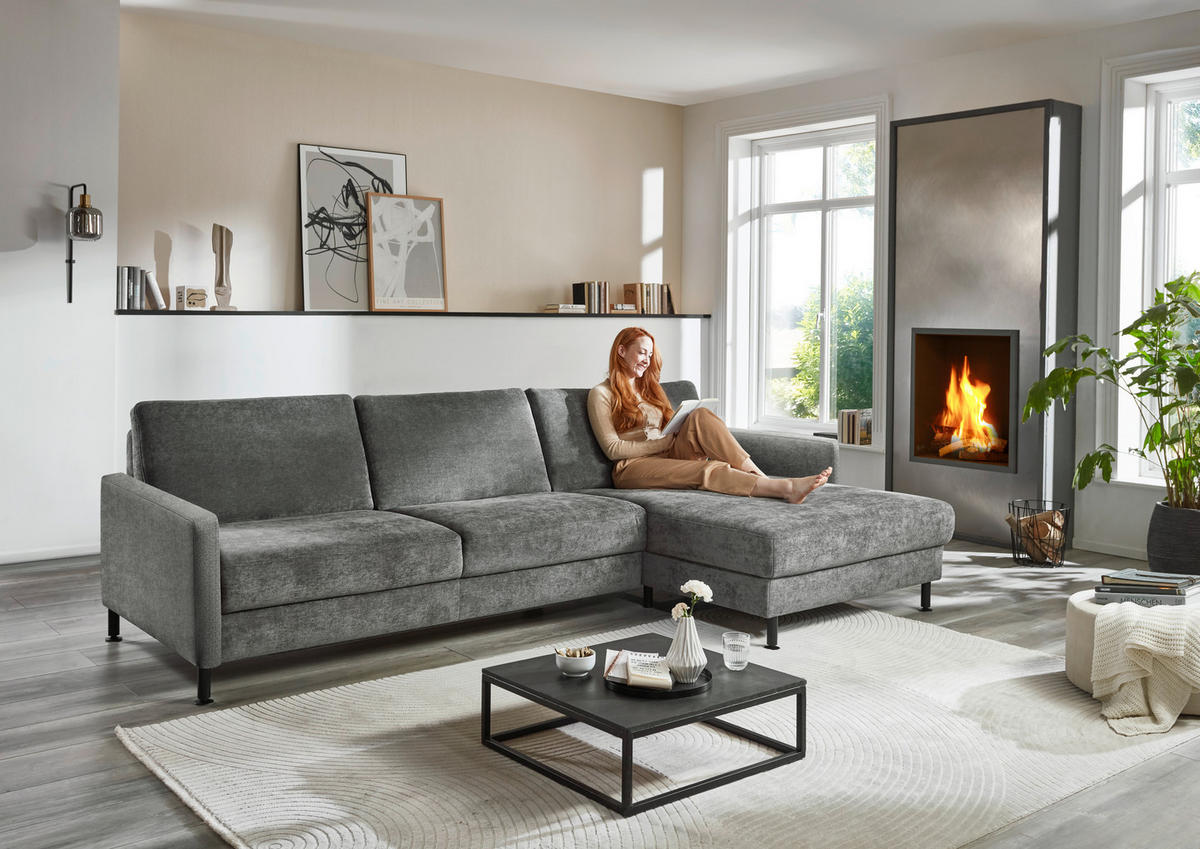 ECKSOFA in Chenille, Flachgewebe Dunkelgrau  - Dunkelgrau/Schwarz, Design, Textil/Metall (316/175cm) - Dieter Knoll