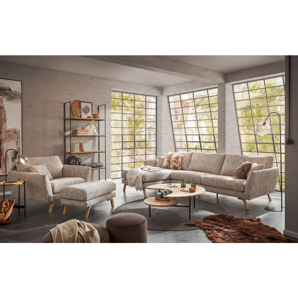 Thumbnail - SetOne by Musterring Ecksofa, Beige, Textil, Eiche, massiv, 3-Sitzer, Füllung: Kaltschaum, Silikon,Silikon, Ottomane lin...
