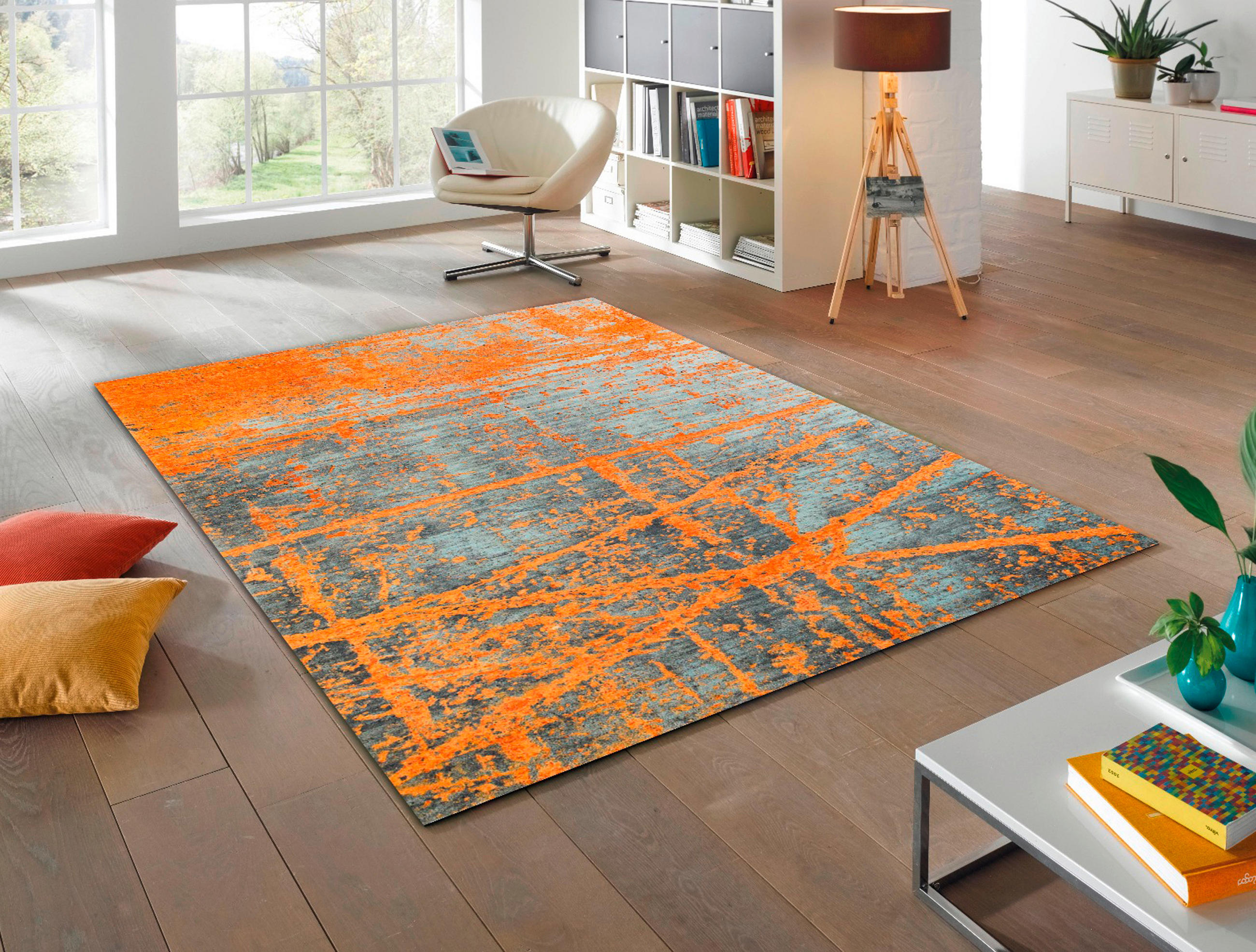 Thumbnail - wash+dry Flachwebeteppich Rustic, Grau, Orange, Textil, Graphik, rechteckig, 170x240 cm, Textiles Vertrauen - Oeko-Tex®,...