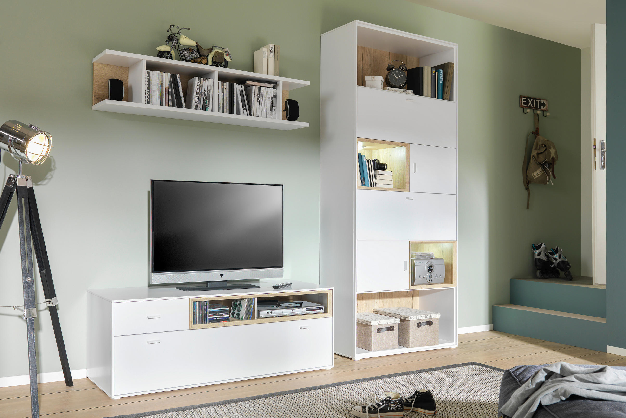 KOMODA POD TELEVIZI, bílá, barvy dubu, 130/48/50 cm - bílá/barvy dubu, Design, kompozitní dřevo/plast (130/48/50cm) - Hom`in