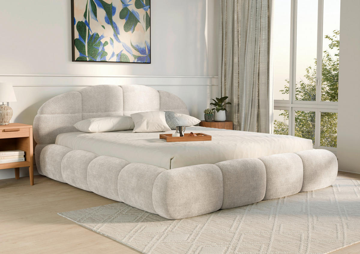 POLSTERBETT 180/200 cm,  in Beige, gepolstertes Kopfteil, Lattenrost, Bettkasten,  - Beige/Schwarz, Design, Holz/Textil (180/200cm) - Chameo