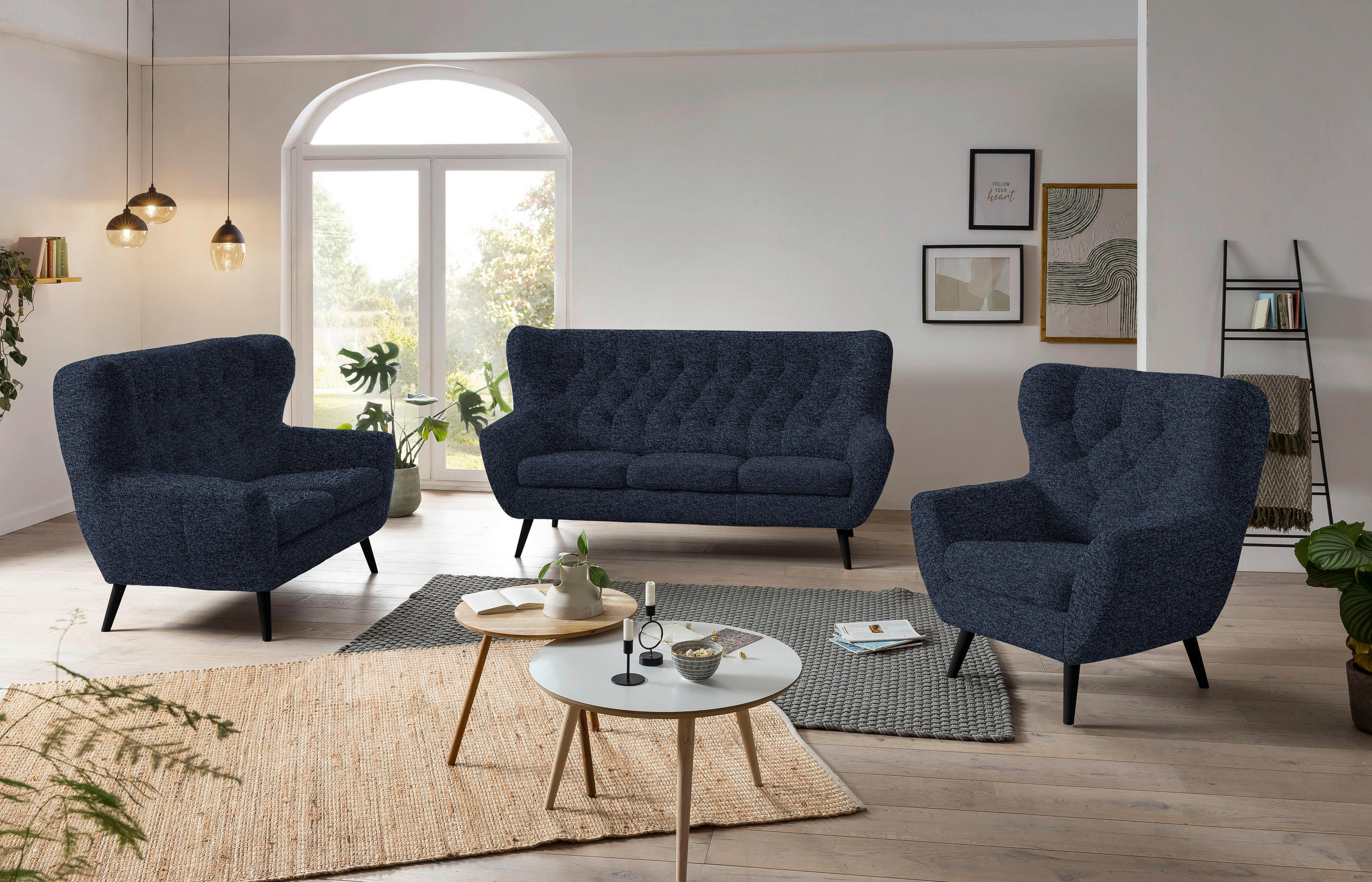 3-SITZER-SOFA in Webstoff Dunkelblau - Schwarz/Dunkelblau, Design, Holz/Textil (187/101/95cm) - Stylife