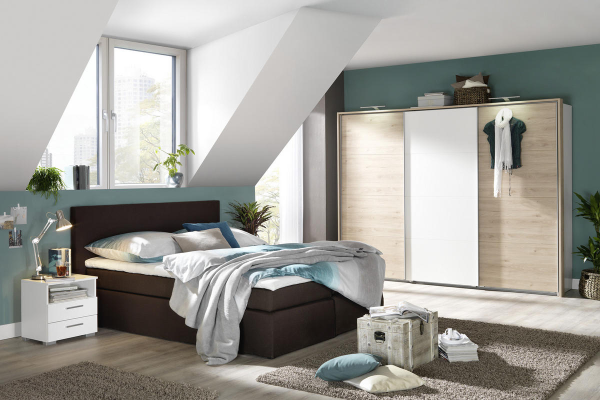 GARDEROB MED SKJUTDÖRRAR 270/210/65 cm 3-dörrar - vit/valnöt hickory, Design, metall/trämaterial (270/210/65cm) - Carryhome