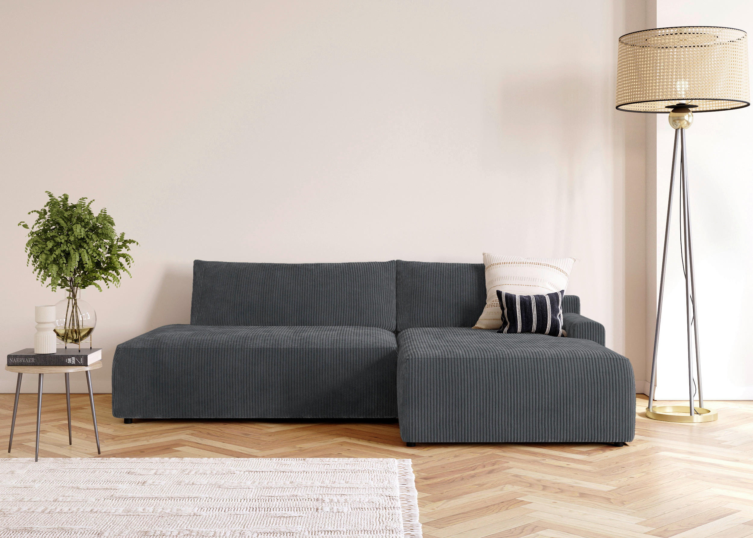 ECKSCHLAFSOFA in Cord Anthrazit  - Anthrazit/Schwarz, Modern, Kunststoff/Textil (253/167cm) - Trendmanufaktur