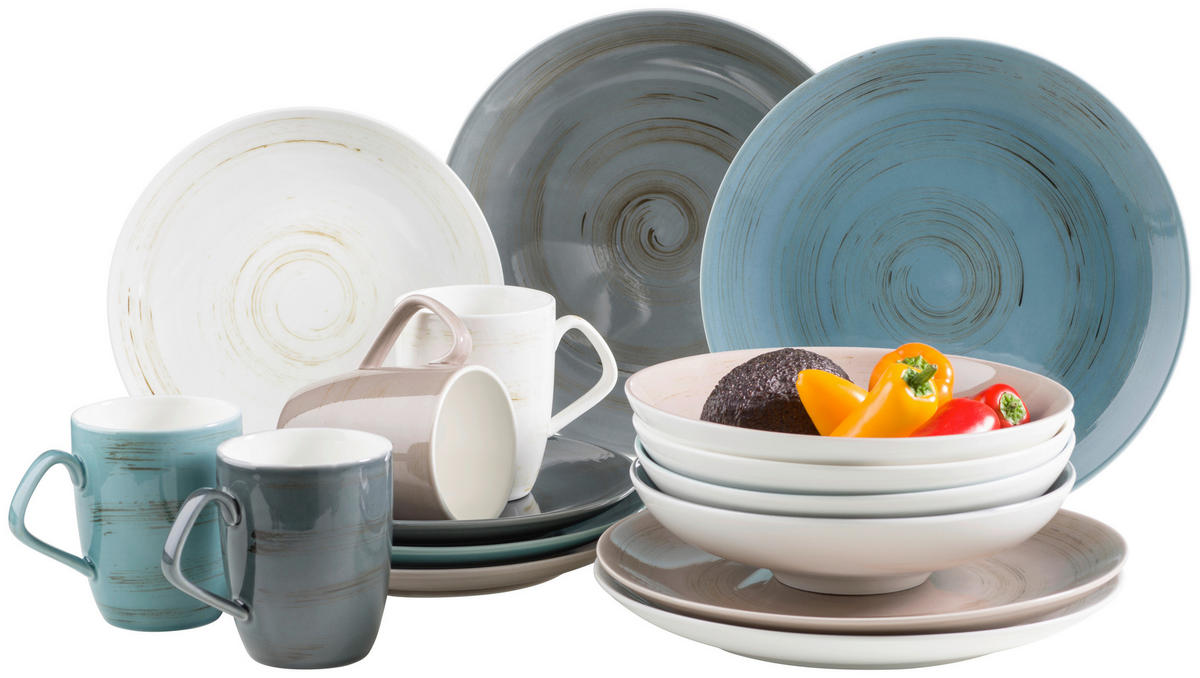 KOMBISERVICE Blau, Grau, Weiß, Beige Derby 16-teilig 4 Personen  - Blau/Beige, Basics, Keramik (33/31,5/35cm) - Mäser